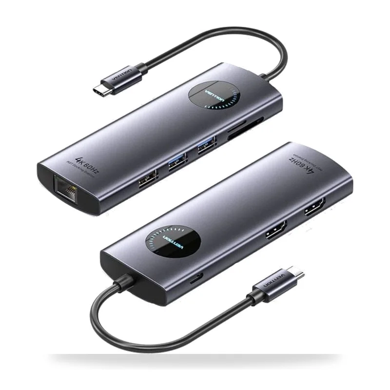Docking USB Tipo-C Vention TQVHB/ 2xHDMI 4K/ 3xUSB/ 1xRJ45/ 1xLector de Tarjetas/ 1xUSB Tipo-C PD/ Gris