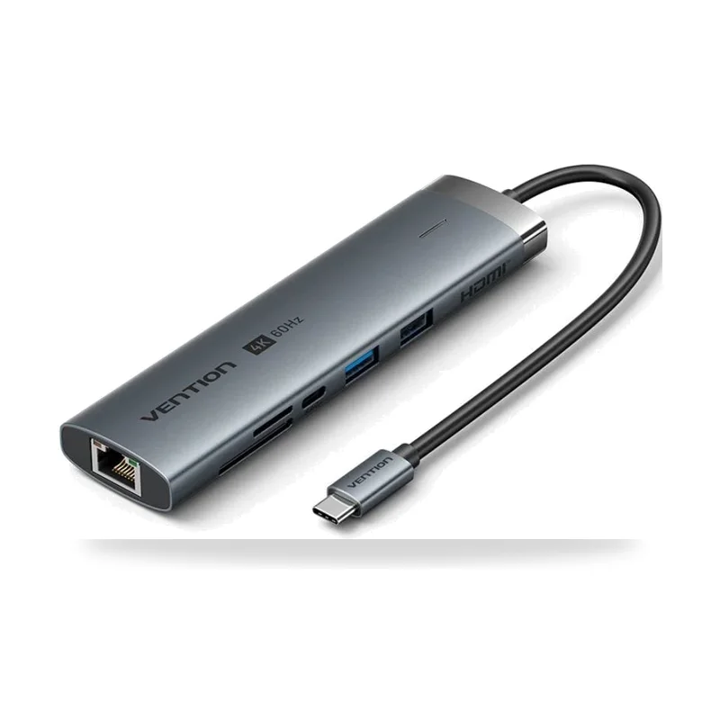 Hub USB Tipo-C 3.2 Vention TGVHB/ 2xUSB/ 1xUSB Tipo-C PD/ 1xUSB Tipo-C/ 1xRJ45/ 1xLector de Tarjetas/ 1xJack 3.5mm/ 1xHDMI/ Gris