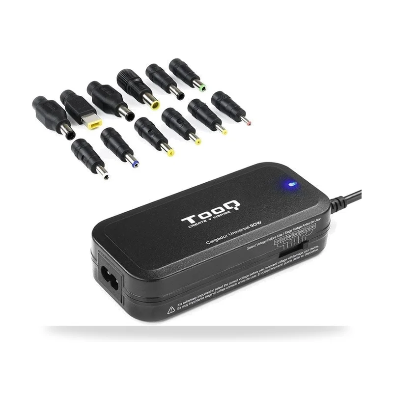 Cargador de Portátil TooQ/ 1xUSB/ 90W/ Manual/ 12 Conectores/ Voltaje 15-24V