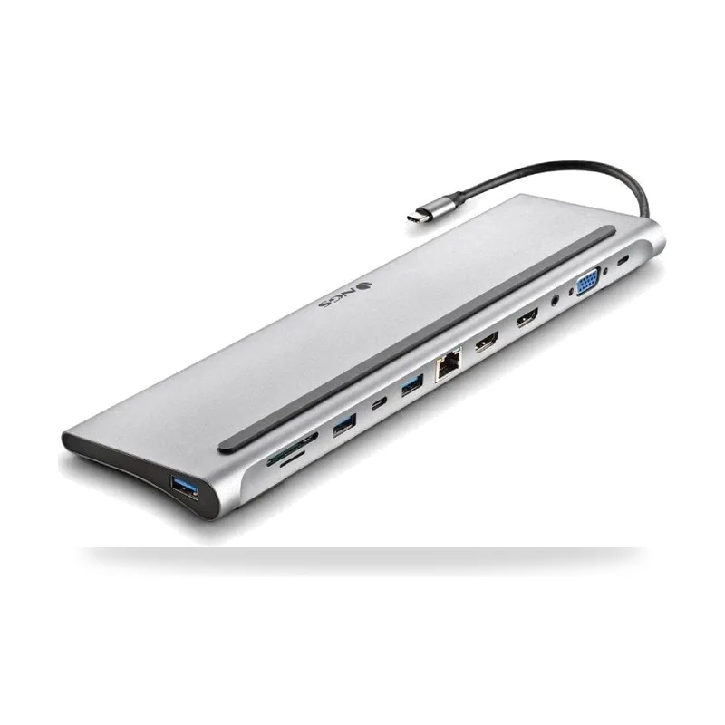 Docking USB Tipo-C NGS/ 3xUSB/ 2xHDMI 4K/ 1xVGA/ 1xRJ45/ 1xLector de Tarjetas/ 1xJack 3.5/ 1xUSB Tipo-C PD/ Gris