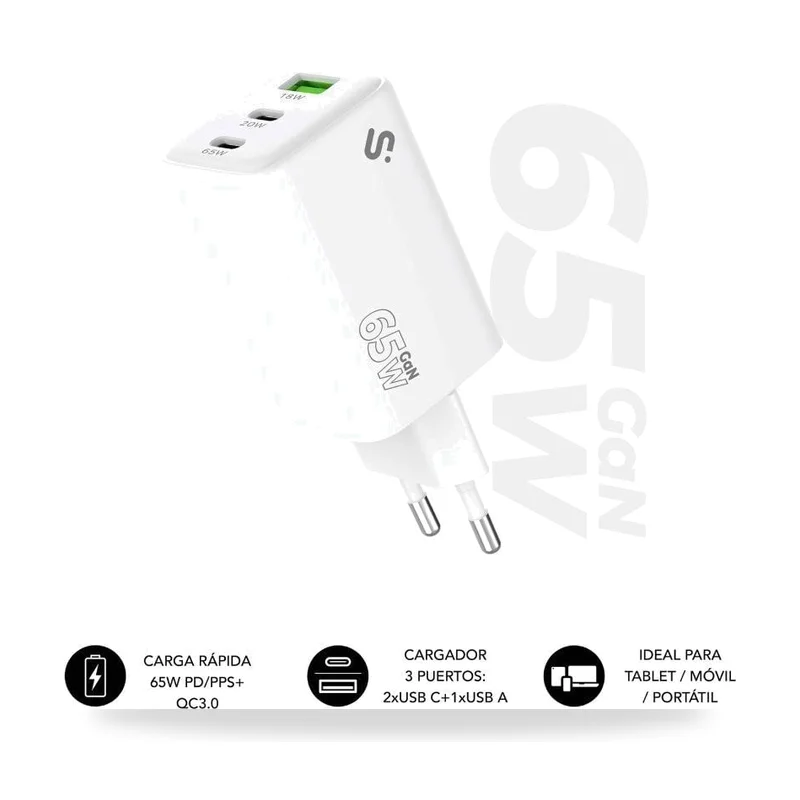 Cargador de Pared GaN Subblim 65W Charger USB C+C+A/ 2xUSB Tipo-C/ 1xUSB/ 65W