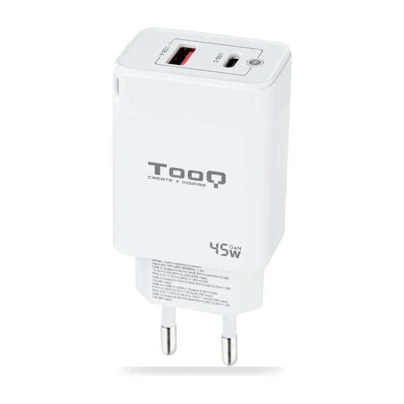 Cargador de Pared GaN TooQ/ 1xUSB Tipo-C/ 1xUSB/ 45W