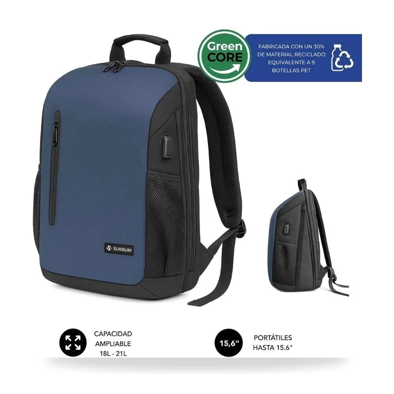 Mochila Subblim Xpand Air Padding Backpack para Portátiles hasta 15.6"/ 21L/ Puerto USB/ Azul